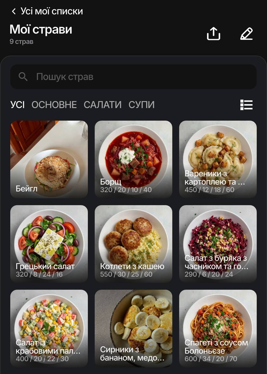 Страви, які пропонує додаток